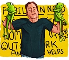 man with muppet show frogs